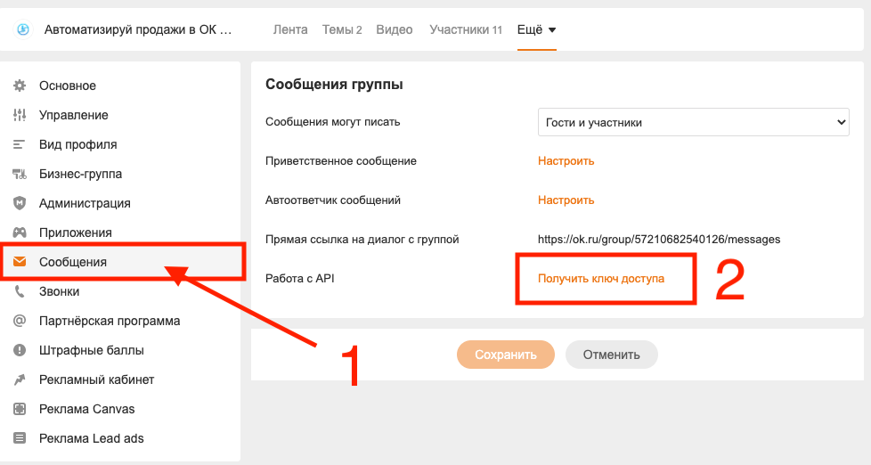 Шаг 2: раздел «Сообщения» и кнопка «Получить ключ доступа»
